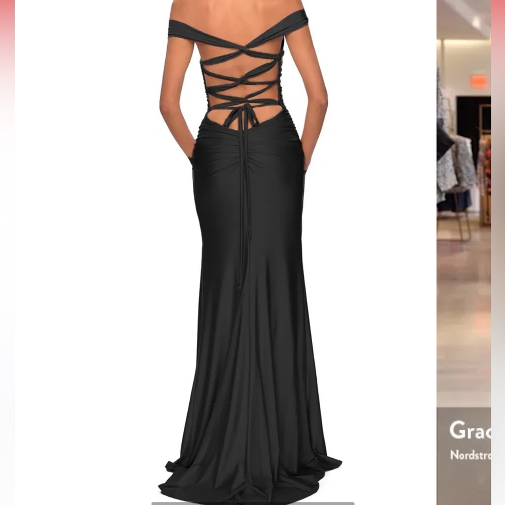 La Femme Off the Shoulder Satin Trumpet Gown